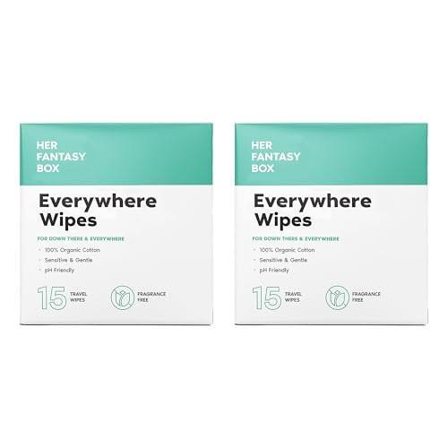 Her Fantasy Box Everywhere Wipes – 100% Bio-Baumwolle, sanft & erfrischend, pH-hautneutral, duftfrei, pflanzlich für Körper, Gesicht & Intimbereich, ideal für empfindliche Haut – 2er-Pack, 30 Tücher