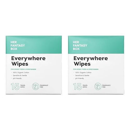 Her Fantasy Box Everywhere Wipes – 100% Bio-Baumwolle, sanft & erfrischend, pH-hautneutral, duftfrei, pflanzlich für Körper, Gesicht & Intimbereich, ideal für empfindliche Haut – 2er-Pack, 30 Tücher