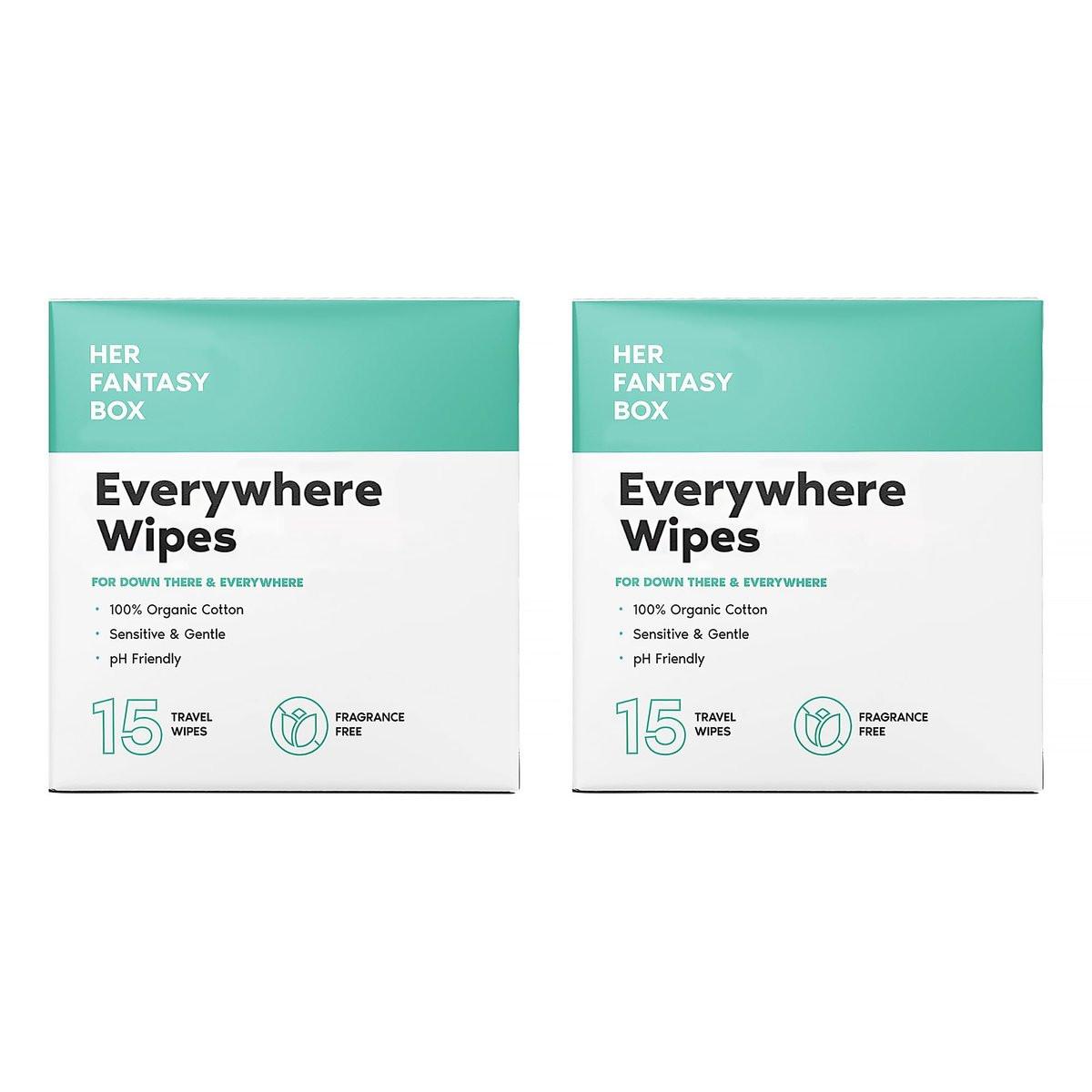Her Fantasy Box Everywhere Wipes – 100% Bio-Baumwolle, sanft & erfrischend, pH-hautneutral, duftfrei, pflanzlich für Körper, Gesicht & Intimbereich, ideal für empfindliche Haut – 2er-Pack, 30 Tücher