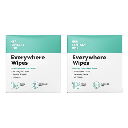Her Fantasy Box Everywhere Wipes – 100% Bio-Baumwolle, sanft & erfrischend, pH-hautneutral, duftfrei, pflanzlich für Körper, Gesicht & Intimbereich, ideal für empfindliche Haut – 2er-Pack, 30 Tücher