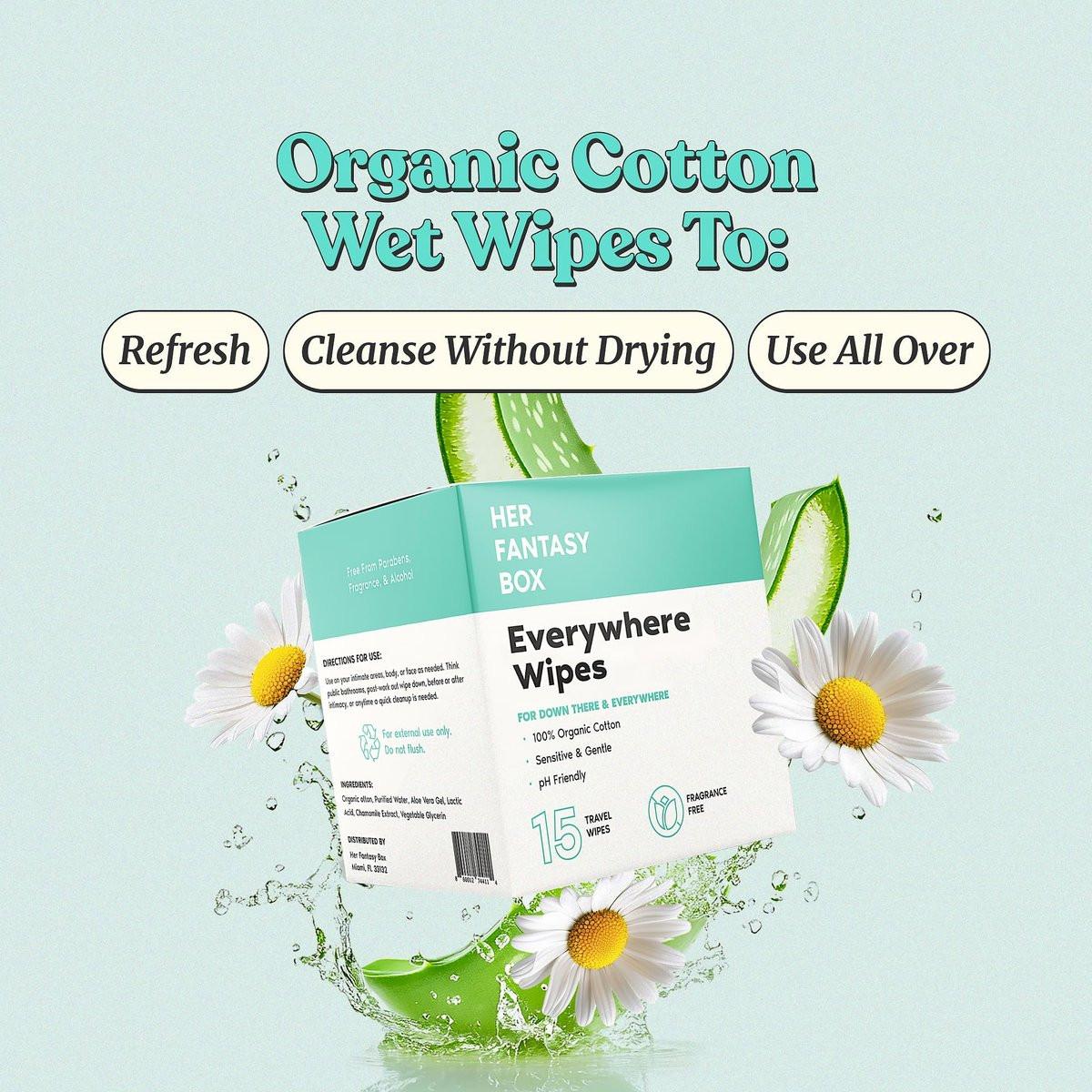 Her Fantasy Box Everywhere Wipes – 100% Bio-Baumwolle, sanft & erfrischend, pH-hautneutral, duftfrei, pflanzlich für Körper, Gesicht & Intimbereich, ideal für empfindliche Haut – 2er-Pack, 30 Tücher