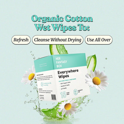 Her Fantasy Box Everywhere Wipes – 100% Bio-Baumwolle, sanft & erfrischend, pH-hautneutral, duftfrei, pflanzlich für Körper, Gesicht & Intimbereich, ideal für empfindliche Haut – 2er-Pack, 30 Tücher
