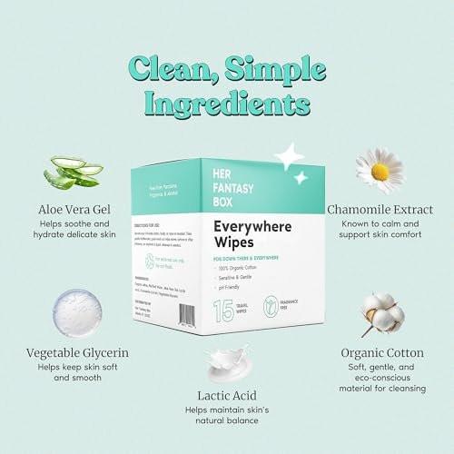 Her Fantasy Box | Everywhere Wipes – 100% Bio-Baumwolle, Sanft & Erfrischend, pH-ausgeglichen, Duftfrei, Pflanzlich für Körper, Gesicht & Intimbereich, Ideal für empfindliche Haut - 1 Packung, 15 Tücher