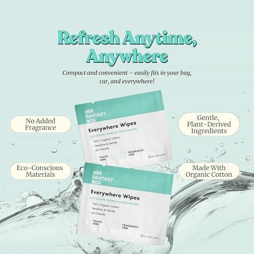 Her Fantasy Box Everywhere Wipes – 100% Bio-Baumwolle, sanft & erfrischend, pH-hautneutral, duftfrei, pflanzlich für Körper, Gesicht & Intimbereich, ideal für empfindliche Haut – 2er-Pack, 30 Tücher