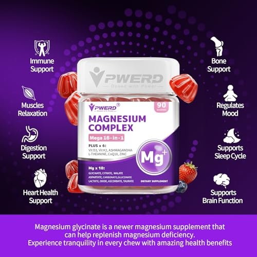 PWERD Magnesium Sleep | Magnesium-Komplex für Frauen & Erwachsene | Gummis mit Glycinat & Citrat | 16-in-1 Formel | Tiefe Entspannung, Muskel-, Knochen- & Energieunterstützung* | Ohne Zuckerzusatz, 90 Gummis