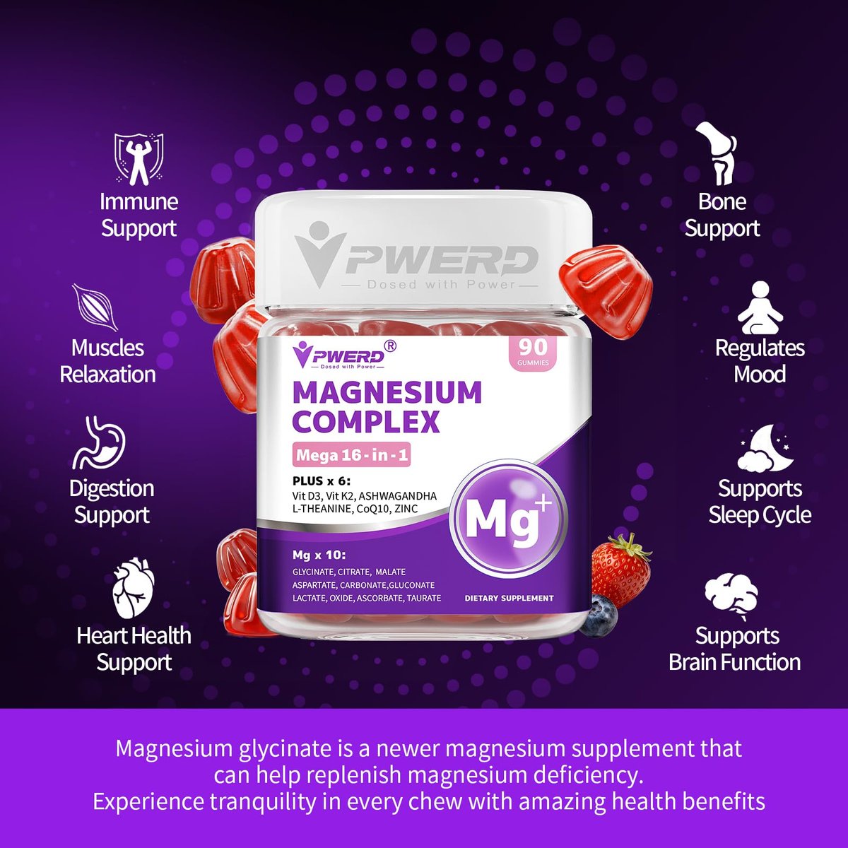 PWERD Magnesium Sleep | Magnesium-Komplex für Frauen & Erwachsene | Gummis mit Glycinat & Citrat | 16-in-1 Formel | Tiefe Entspannung, Muskel-, Knochen- & Energieunterstützung* | Ohne Zuckerzusatz, 90 Gummis