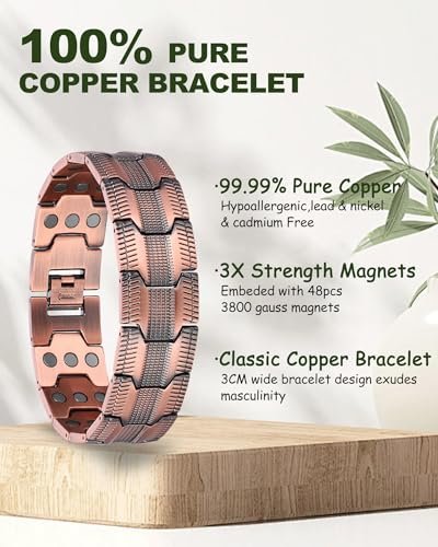 MagEnergy Kupferarmband für Herren, 3-fach magnetisches Armband mit 99,99 % reinem Kupferring und 3800 Gauss Magneten, verstellbare Länge mit Größenbestimmungswerkzeug