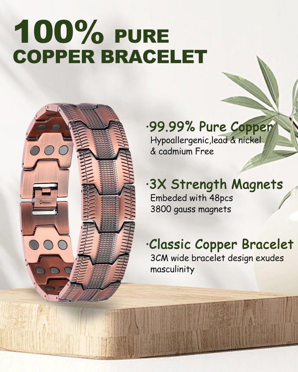 MagEnergy Kupferarmband für Herren, 3-fach magnetisches Armband mit 99,99 % reinem Kupferring und 3800 Gauss Magneten, verstellbare Länge mit Größenbestimmungswerkzeug