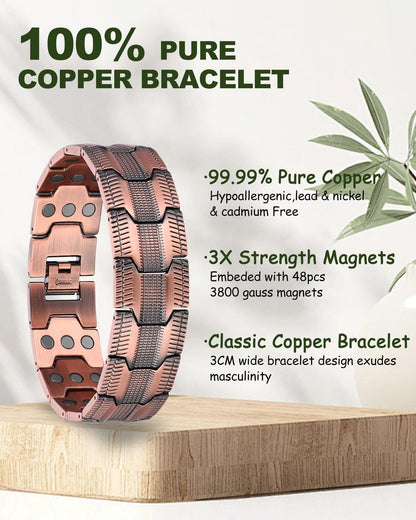MagEnergy Kupferarmband für Herren, 3-fach magnetisches Armband mit 99,99 % reinem Kupferring und 3800 Gauss Magneten, verstellbare Länge mit Größenbestimmungswerkzeug