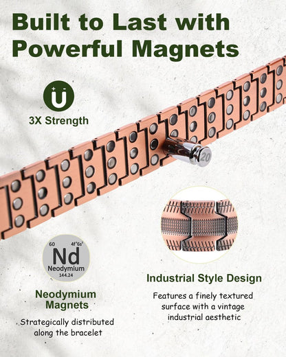MagEnergy Kupferarmband für Herren, 3-fach magnetisches Armband mit 99,99 % reinem Kupferring und 3800 Gauss Magneten, verstellbare Länge mit Größenbestimmungswerkzeug