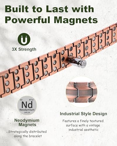MagEnergy Kupferarmband für Herren, 3-fach magnetisches Armband mit 99,99 % reinem Kupferring und 3800 Gauss Magneten, verstellbare Länge mit Größenbestimmungswerkzeug