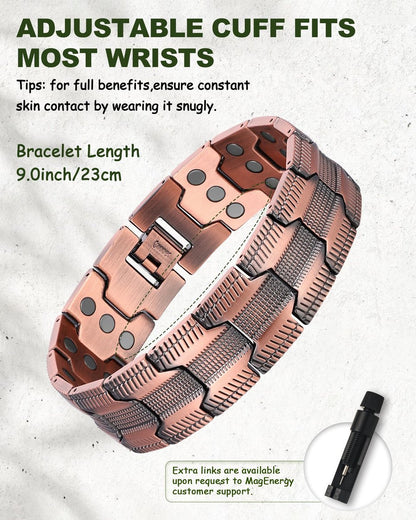 MagEnergy Kupferarmband für Herren, 3-fach magnetisches Armband mit 99,99 % reinem Kupferring und 3800 Gauss Magneten, verstellbare Länge mit Größenbestimmungswerkzeug