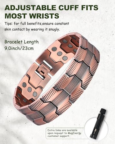 MagEnergy Kupferarmband für Herren, 3-fach magnetisches Armband mit 99,99 % reinem Kupferring und 3800 Gauss Magneten, verstellbare Länge mit Größenbestimmungswerkzeug