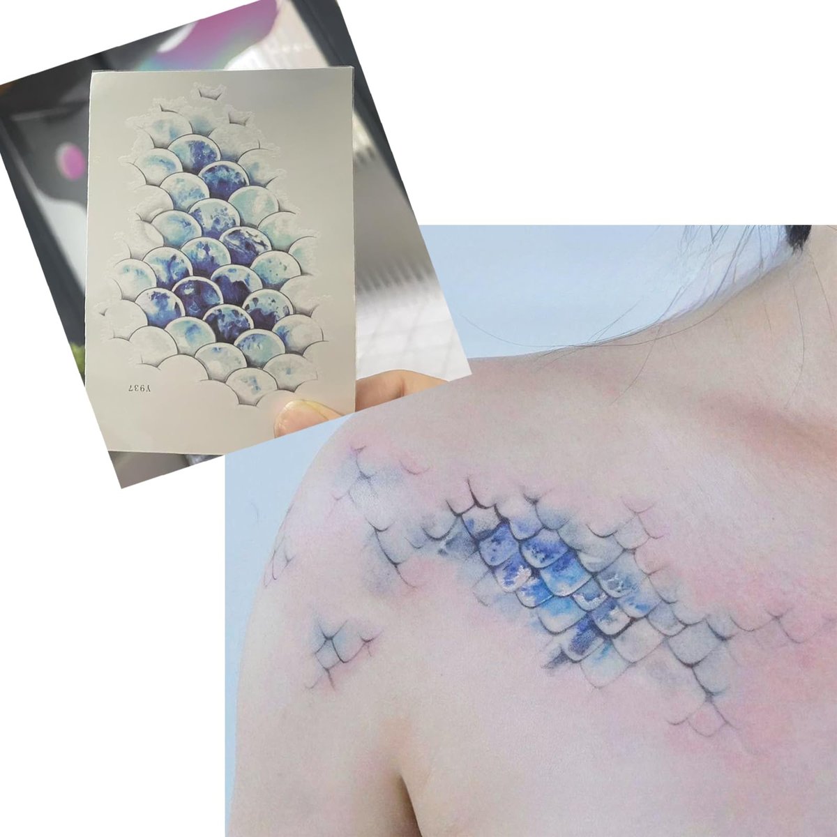 Meerjungfrau Schuppen Temporäres Tattoo – Wasserfester Fake Tattoo Aufkleber in Ozeanblau für Frauen, Party- und Festival Make-up Dekoration
