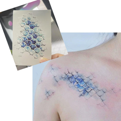 Meerjungfrau Schuppen Temporäres Tattoo – Wasserfester Fake Tattoo Aufkleber in Ozeanblau für Frauen, Party- und Festival Make-up Dekoration
