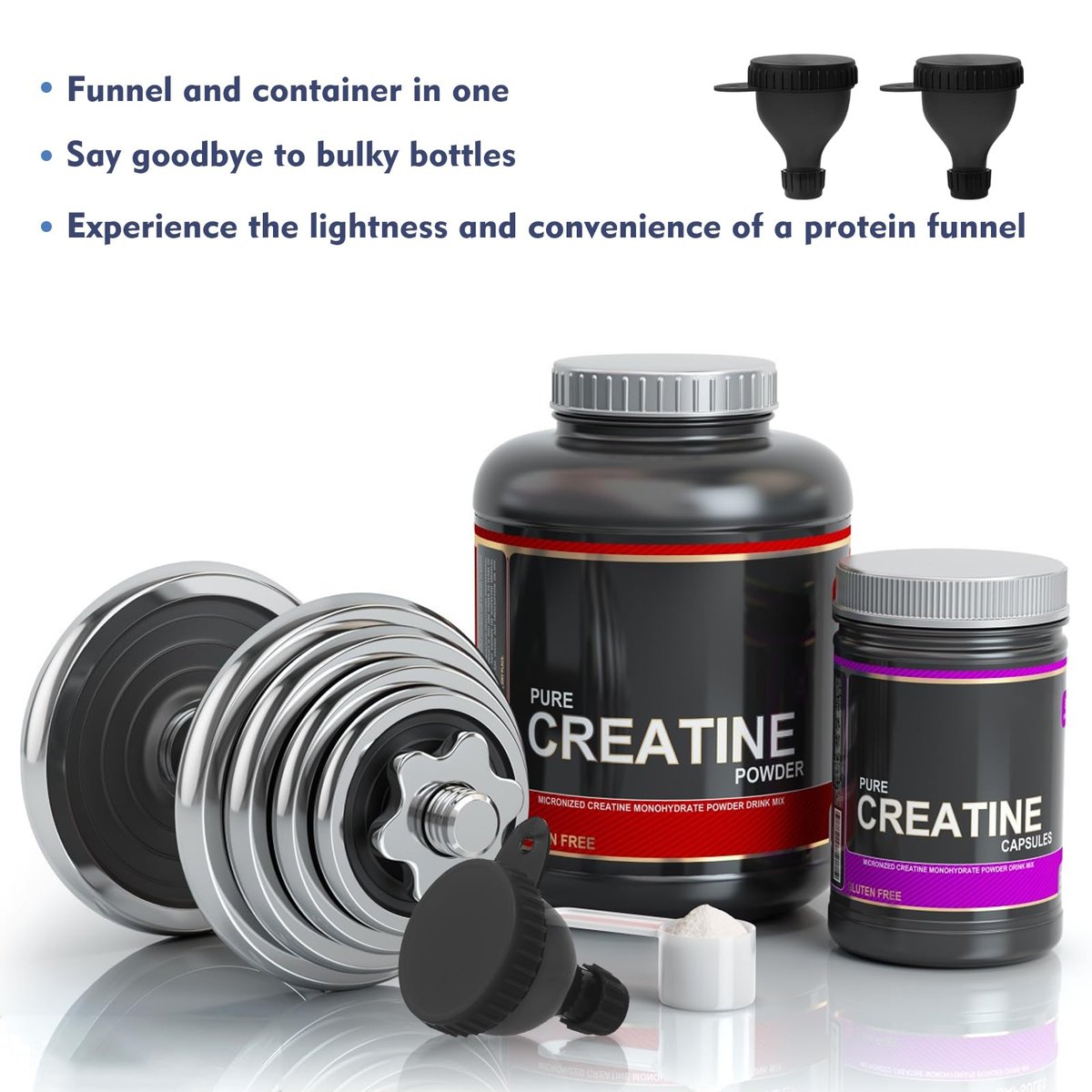 TEESSUE 2er-Pack Proteinbehälter, Tragbarer Proteinpulver-Behälter, Proteinpulver-Trichter, Wasserflaschen-Trichter für Pulvermischungen, Pre-Workout/Fitness-Supplement-Trichter-Schlüsselanhänger (50 ml + 100 ml)