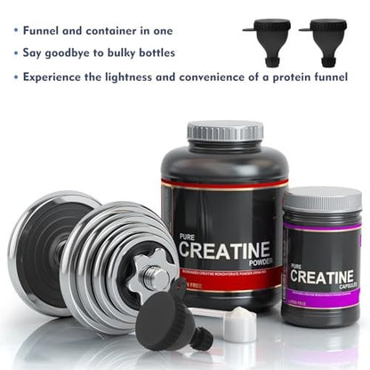 TEESSUE 2er-Pack Proteinbehälter, Tragbarer Proteinpulver-Behälter, Proteinpulver-Trichter, Wasserflaschen-Trichter für Pulvermischungen, Pre-Workout/Fitness-Supplement-Trichter-Schlüsselanhänger (50 ml + 100 ml)