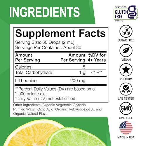 L-Theanin 200mg flüssige Tropfen – natürliche Schlafunterstützung & Fokus Ergänzung für Kinder & Erwachsene – Vegan, Non-GMO, glutenfrei, reine L-Theanin Tropfen, Stimmungs-Ltheanin für Kinder, 60 ml