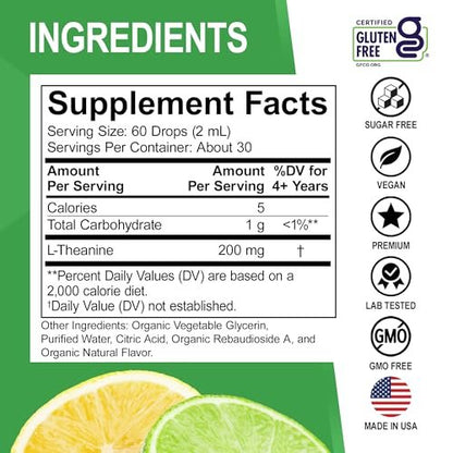 L-Theanin 200mg flüssige Tropfen – natürliche Schlafunterstützung & Fokus Ergänzung für Kinder & Erwachsene – Vegan, Non-GMO, glutenfrei, reine L-Theanin Tropfen, Stimmungs-Ltheanin für Kinder, 60 ml