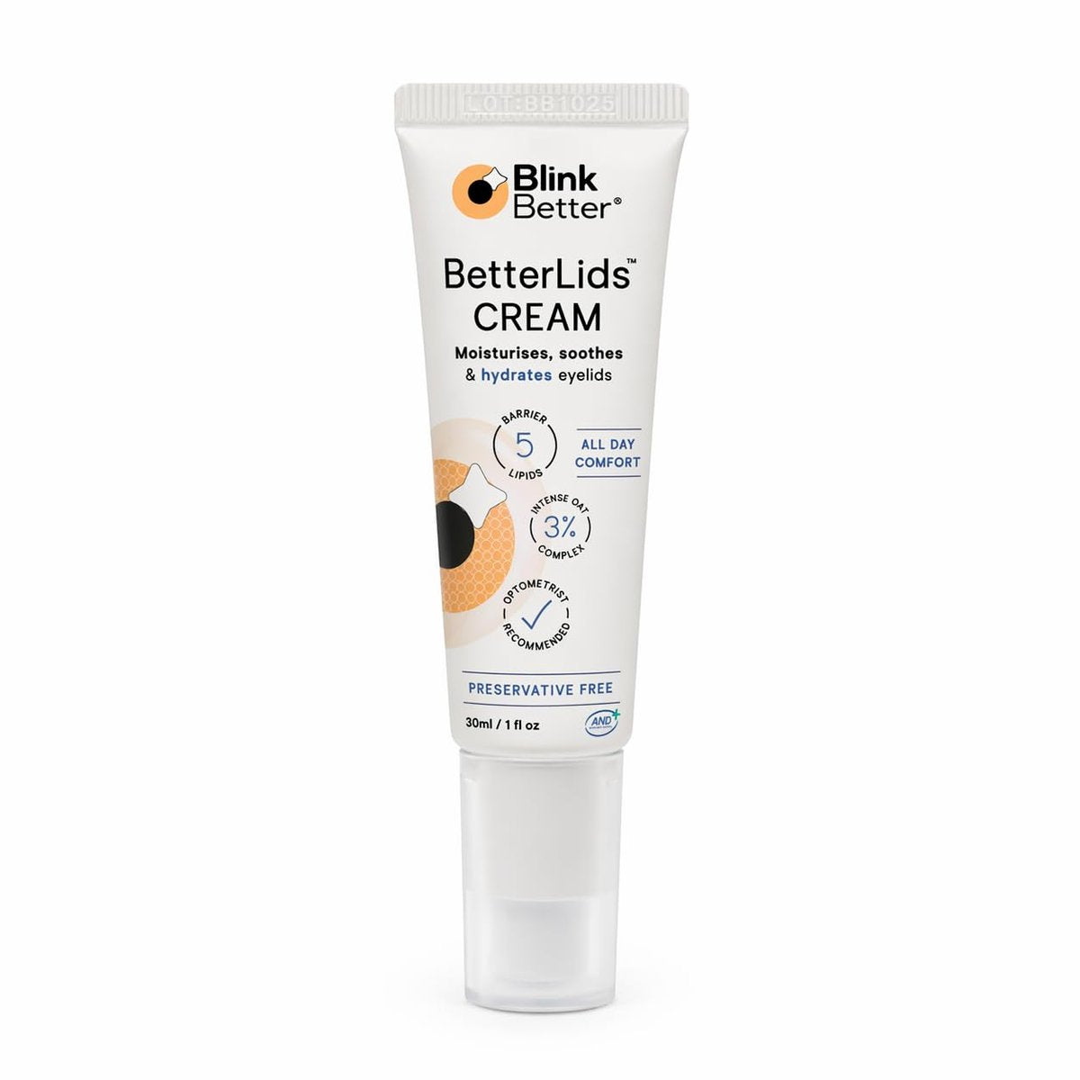BlinkBetter BetterLids Restore Eyelid-Creme – Barriere-Unterstützung zur Hydratation, Beruhigung & Feuchtigkeitsversorgung trockener, juckender, roter & empfindlicher Augenlider – Leichte tägliche Formel mit 3% Hafer & Ceramiden, 30 ml