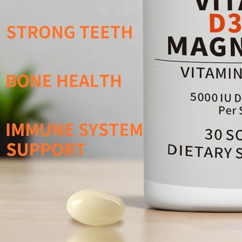 YMINGKJ Vitamin D3 K2 5000 IE Weichkapseln mit Magnesium – 120 μg MK-7 K2 für Knochengesundheit & Immununterstützung – Non-GMO & Glutenfrei mit MCT-Öl – 30 Weichkapseln