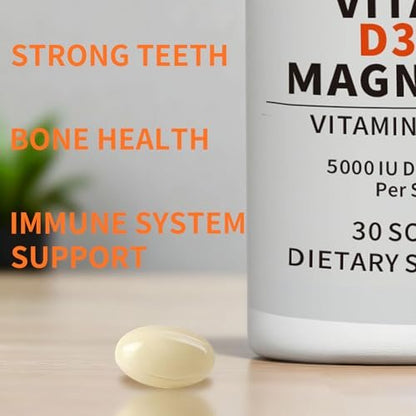 YMINGKJ Vitamin D3 K2 5000 IE Weichkapseln mit Magnesium – 120 μg MK-7 K2 für Knochengesundheit & Immununterstützung – Non-GMO & Glutenfrei mit MCT-Öl – 30 Weichkapseln