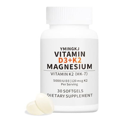 YMINGKJ Vitamin D3 K2 5000 IE Weichkapseln mit Magnesium – 120 μg MK-7 K2 für Knochengesundheit & Immununterstützung – Non-GMO & Glutenfrei mit MCT-Öl – 30 Weichkapseln