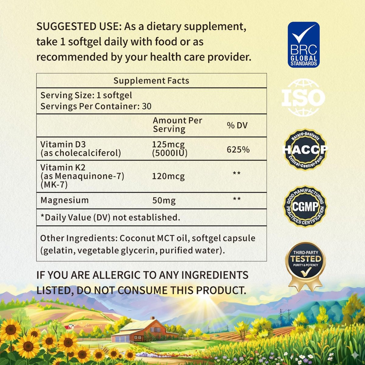 YMINGKJ Vitamin D3 K2 5000 IE Weichkapseln mit Magnesium – 120 μg MK-7 K2 für Knochengesundheit & Immununterstützung – Non-GMO & Glutenfrei mit MCT-Öl – 30 Weichkapseln