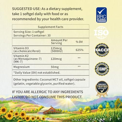 YMINGKJ Vitamin D3 K2 5000 IE Weichkapseln mit Magnesium – 120 μg MK-7 K2 für Knochengesundheit & Immununterstützung – Non-GMO & Glutenfrei mit MCT-Öl – 30 Weichkapseln