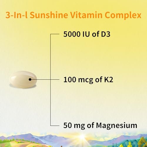 YMINGKJ Vitamin D3 K2 5000 IE Weichkapseln mit Magnesium – 120 μg MK-7 K2 für Knochengesundheit & Immununterstützung – Non-GMO & Glutenfrei mit MCT-Öl – 30 Weichkapseln