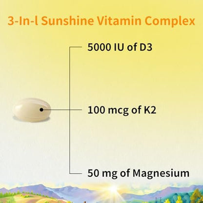 YMINGKJ Vitamin D3 K2 5000 IE Weichkapseln mit Magnesium – 120 μg MK-7 K2 für Knochengesundheit & Immununterstützung – Non-GMO & Glutenfrei mit MCT-Öl – 30 Weichkapseln