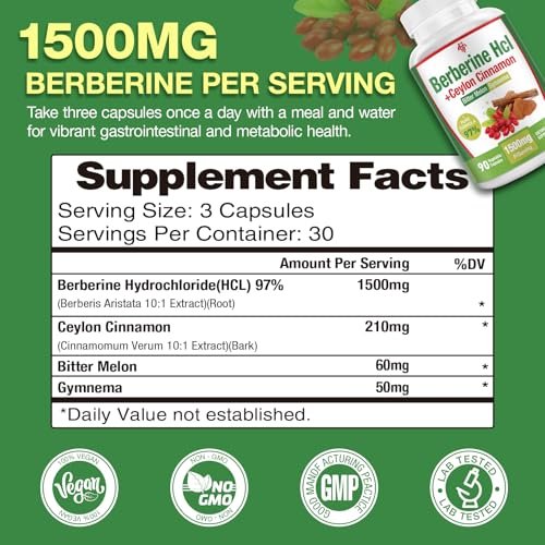 CHANUBITO Berberin 1500mg – Hochdosiertes Berberin HCl 97% Reinheit mit Ceylon-Zimt, Vegan & Non-GMO, 90 Kapseln