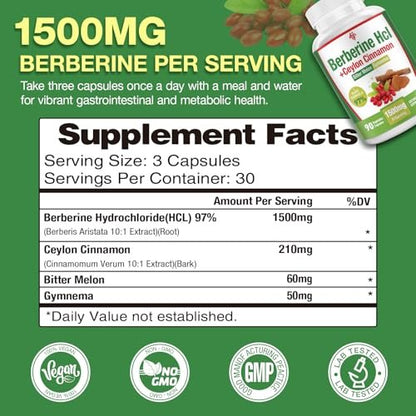 CHANUBITO Berberin 1500mg – Hochdosiertes Berberin HCl 97% Reinheit mit Ceylon-Zimt, Vegan & Non-GMO, 90 Kapseln