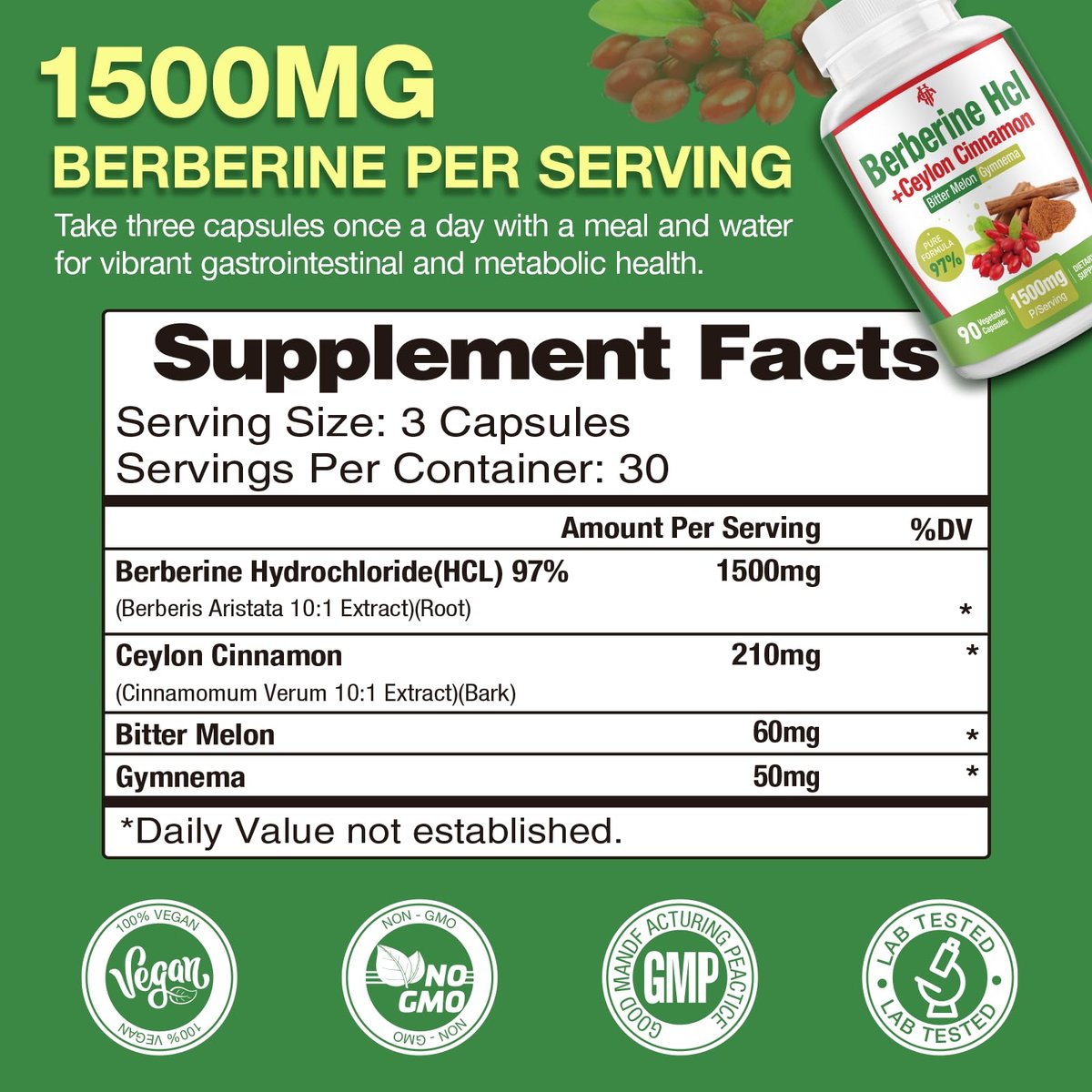 CHANUBITO Berberin 1500mg – Hochdosiertes Berberin HCl 97% Reinheit mit Ceylon-Zimt, Vegan & Non-GMO, 90 Kapseln