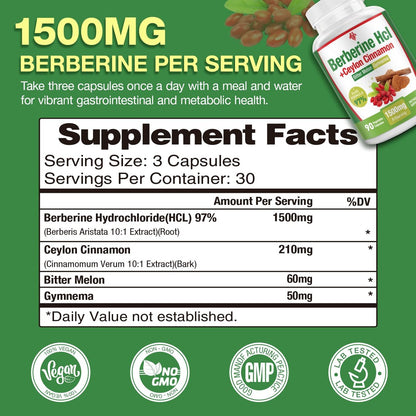 CHANUBITO Berberin 1500mg – Hochdosiertes Berberin HCl 97% Reinheit mit Ceylon-Zimt, Vegan & Non-GMO, 90 Kapseln