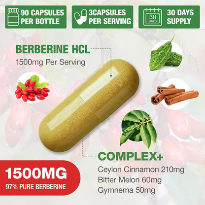CHANUBITO Berberin 1500mg – Hochdosiertes Berberin HCl 97% Reinheit mit Ceylon-Zimt, Vegan & Non-GMO, 90 Kapseln