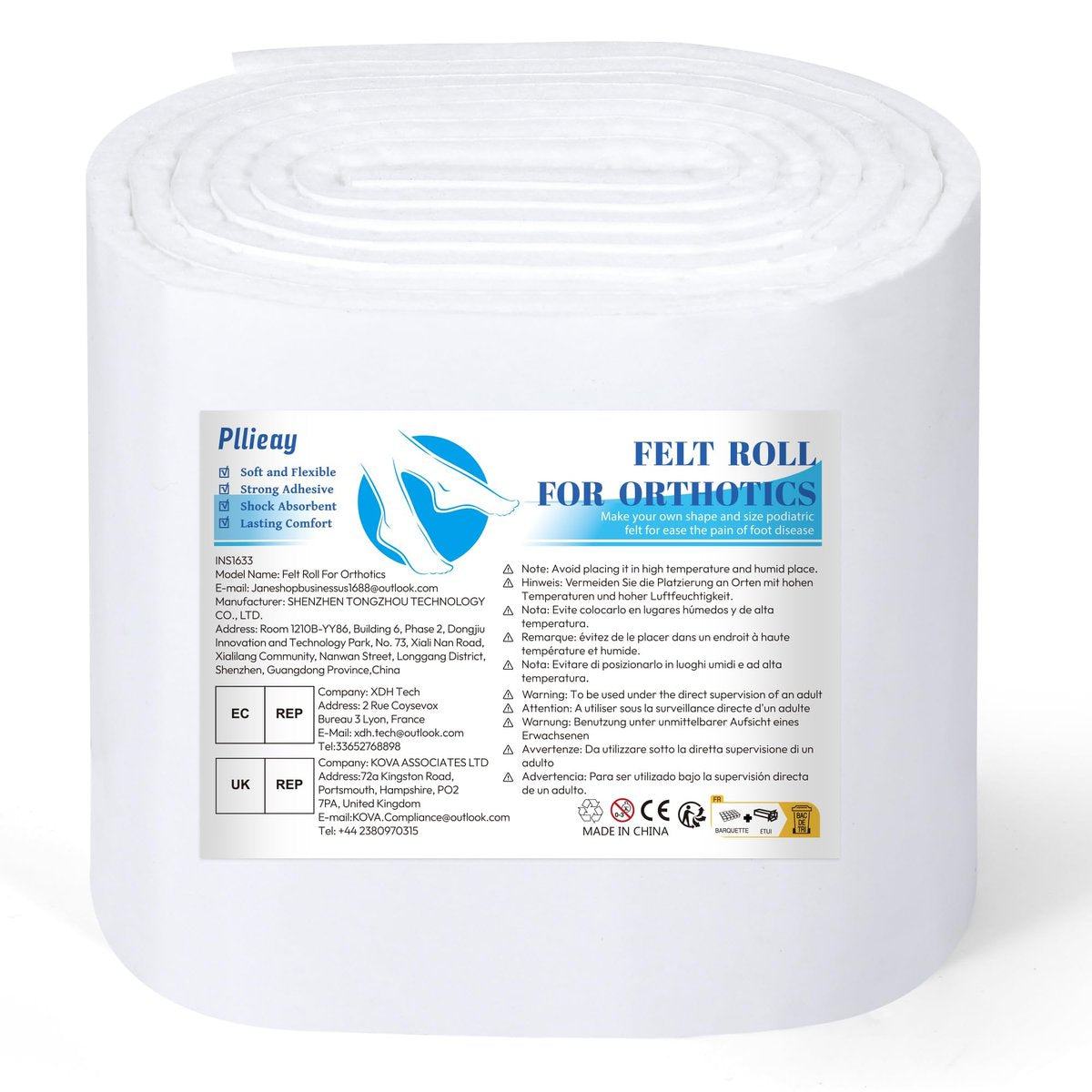 Pllieay Selbstklebende Filzrolle, 1/3 Zoll dick, 6 Zoll x 1,1 m, hochwertiger Rayon-Mischfilz, weiß, orthopädische Filzrolle für Fußpolsterung und Wundunterstützung