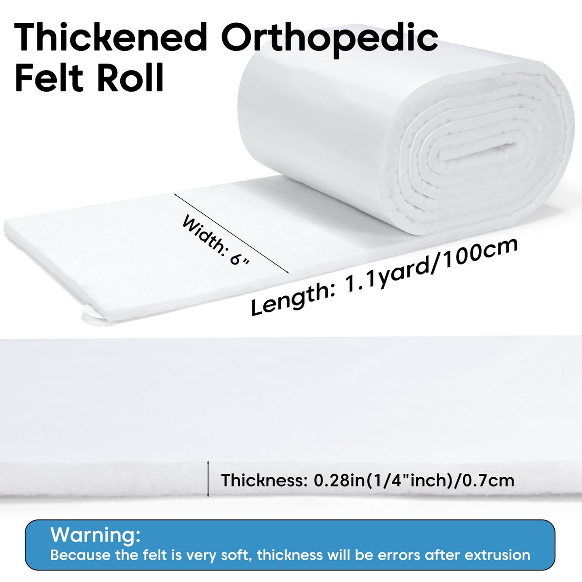 Pllieay Selbstklebende Filzrolle, 1/3 Zoll dick, 6 Zoll x 1,1 m, hochwertiger Rayon-Mischfilz, weiß, orthopädische Filzrolle für Fußpolsterung und Wundunterstützung