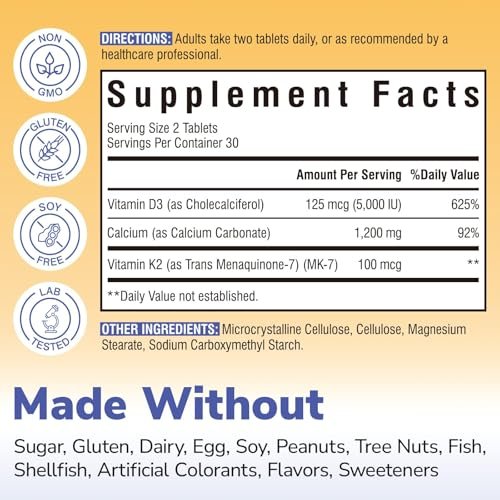 Vitalibre D3 K2 Calcium Supplement für Frauen und Männer, Vitamin D3 5000 IE, Calcium 1200 mg, MK-7, Hohe Absorption, für starke Knochen, Zähne, Herz und Immunsystem, 60 Tabletten
