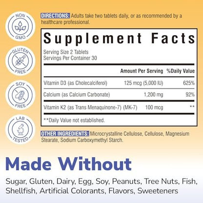Vitalibre D3 K2 Calcium Supplement für Frauen und Männer, Vitamin D3 5000 IE, Calcium 1200 mg, MK-7, Hohe Absorption, für starke Knochen, Zähne, Herz und Immunsystem, 60 Tabletten