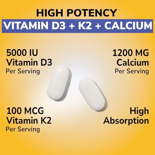 Vitalibre D3 K2 Calcium Supplement für Frauen und Männer, Vitamin D3 5000 IE, Calcium 1200 mg, MK-7, Hohe Absorption, für starke Knochen, Zähne, Herz und Immunsystem, 60 Tabletten