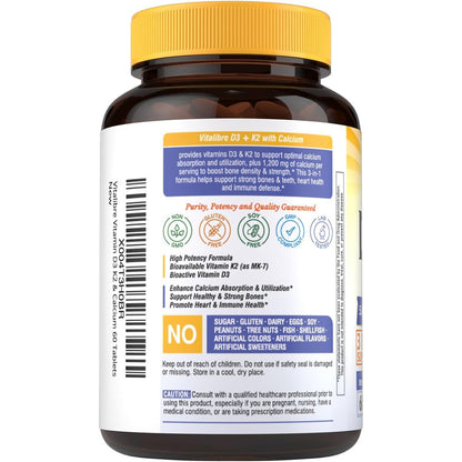 Vitalibre D3 K2 Calcium Supplement für Frauen und Männer, Vitamin D3 5000 IE, Calcium 1200 mg, MK-7, Hohe Absorption, für starke Knochen, Zähne, Herz und Immunsystem, 60 Tabletten