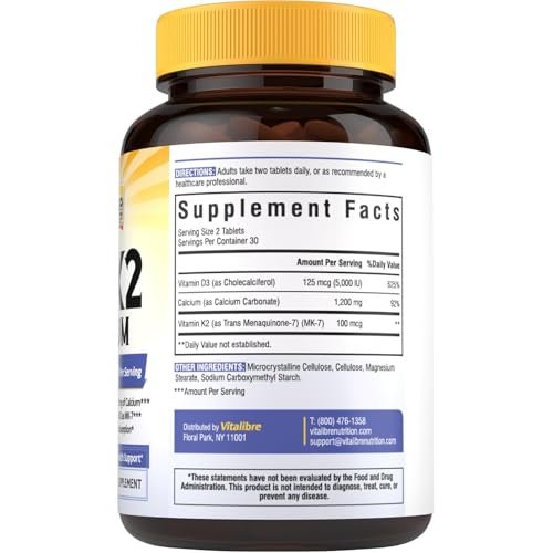 Vitalibre D3 K2 Calcium Supplement für Frauen und Männer, Vitamin D3 5000 IE, Calcium 1200 mg, MK-7, Hohe Absorption, für starke Knochen, Zähne, Herz und Immunsystem, 60 Tabletten