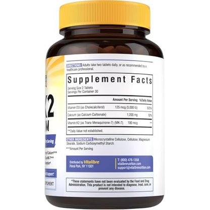Vitalibre D3 K2 Calcium Supplement für Frauen und Männer, Vitamin D3 5000 IE, Calcium 1200 mg, MK-7, Hohe Absorption, für starke Knochen, Zähne, Herz und Immunsystem, 60 Tabletten
