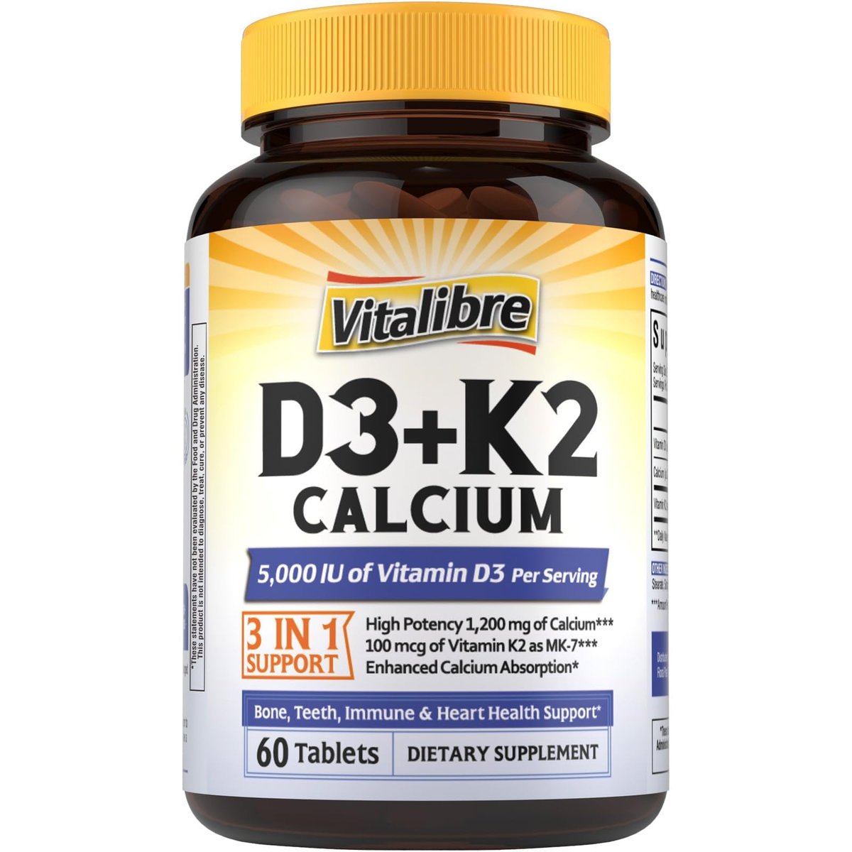 Vitalibre D3 K2 Calcium Supplement für Frauen und Männer, Vitamin D3 5000 IE, Calcium 1200 mg, MK-7, Hohe Absorption, für starke Knochen, Zähne, Herz und Immunsystem, 60 Tabletten
