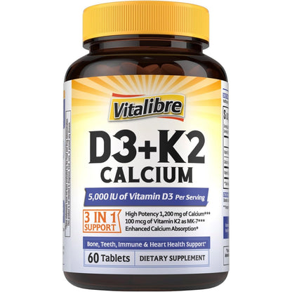 Vitalibre D3 K2 Calcium Supplement für Frauen und Männer, Vitamin D3 5000 IE, Calcium 1200 mg, MK-7, Hohe Absorption, für starke Knochen, Zähne, Herz und Immunsystem, 60 Tabletten