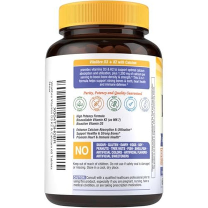 Vitalibre D3 K2 Calcium Supplement für Frauen und Männer, Vitamin D3 5000 IE, Calcium 1200 mg, MK-7, Hohe Absorption, für starke Knochen, Zähne, Herz und Immunsystem, 60 Tabletten