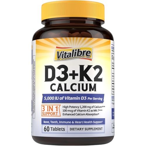 Vitalibre D3 K2 Calcium Supplement für Frauen und Männer, Vitamin D3 5000 IE, Calcium 1200 mg, MK-7, Hohe Absorption, für starke Knochen, Zähne, Herz und Immunsystem, 60 Tabletten