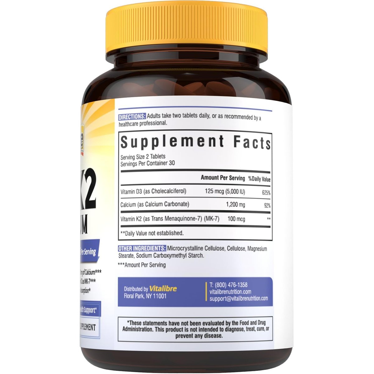 Vitalibre D3 K2 Calcium Supplement für Frauen und Männer, Vitamin D3 5000 IE, Calcium 1200 mg, MK-7, Hohe Absorption, für starke Knochen, Zähne, Herz und Immunsystem, 60 Tabletten