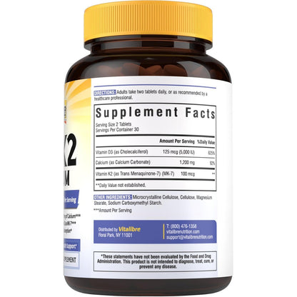 Vitalibre D3 K2 Calcium Supplement für Frauen und Männer, Vitamin D3 5000 IE, Calcium 1200 mg, MK-7, Hohe Absorption, für starke Knochen, Zähne, Herz und Immunsystem, 60 Tabletten